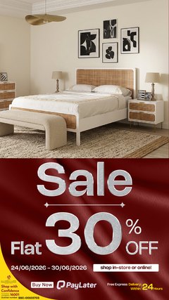 The approved HomesRus master: a bedroom set above a red Flat 30% OFF sale panel with the date range, payment badges and delivery promise.