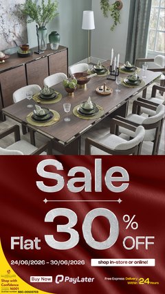 HomesRus 30% off variant: dark wood dining table laid for six